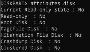 DISKPART command showing Read-Only flag is set to No