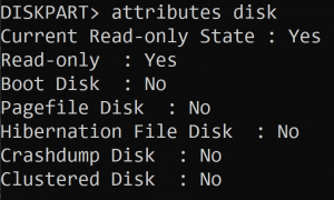 DISKPART command showing Read-Only flag is set to Yes